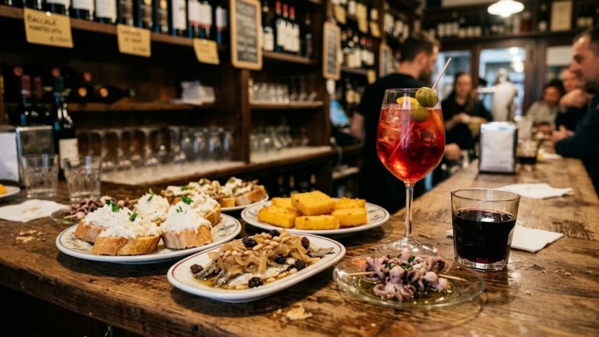 `Venice food guide display of traditional cicchetti small plates and wine at a local bacaro`