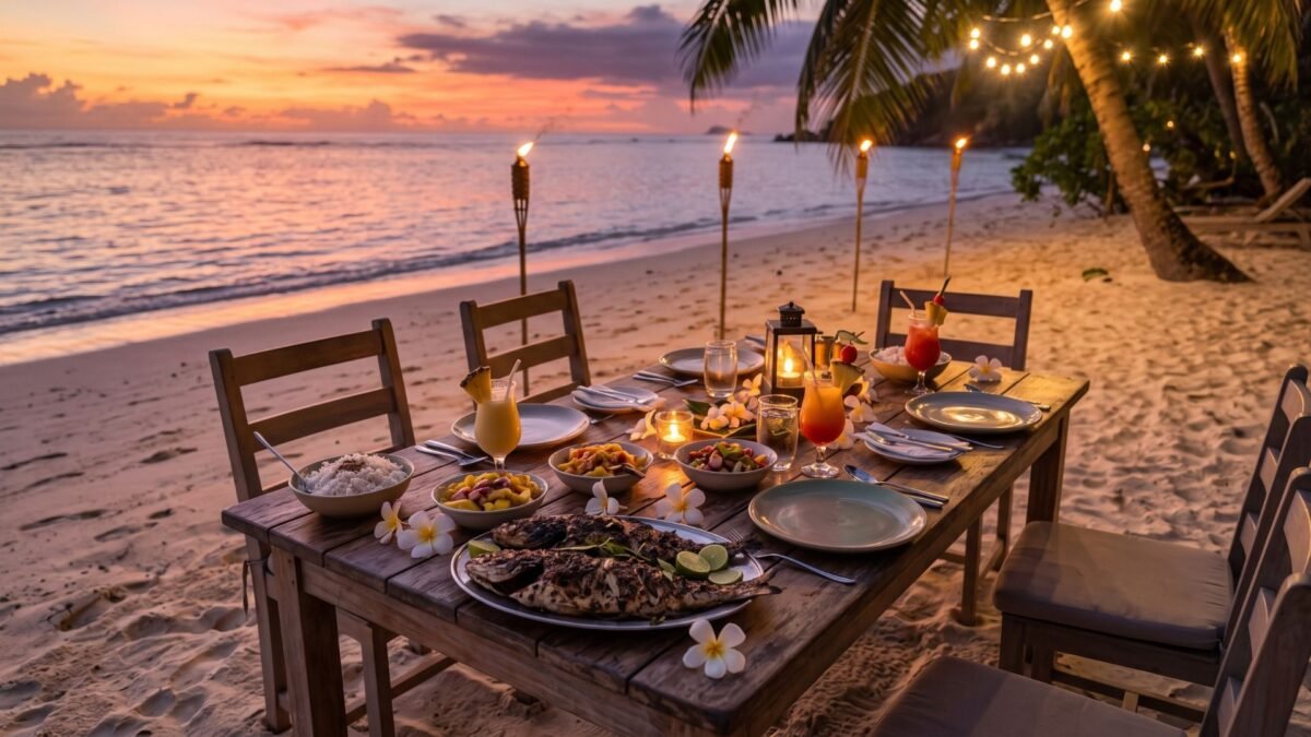 Beachfront Creole dinner at sunset, the perfect ending to a Seychelles travel guide itinerary