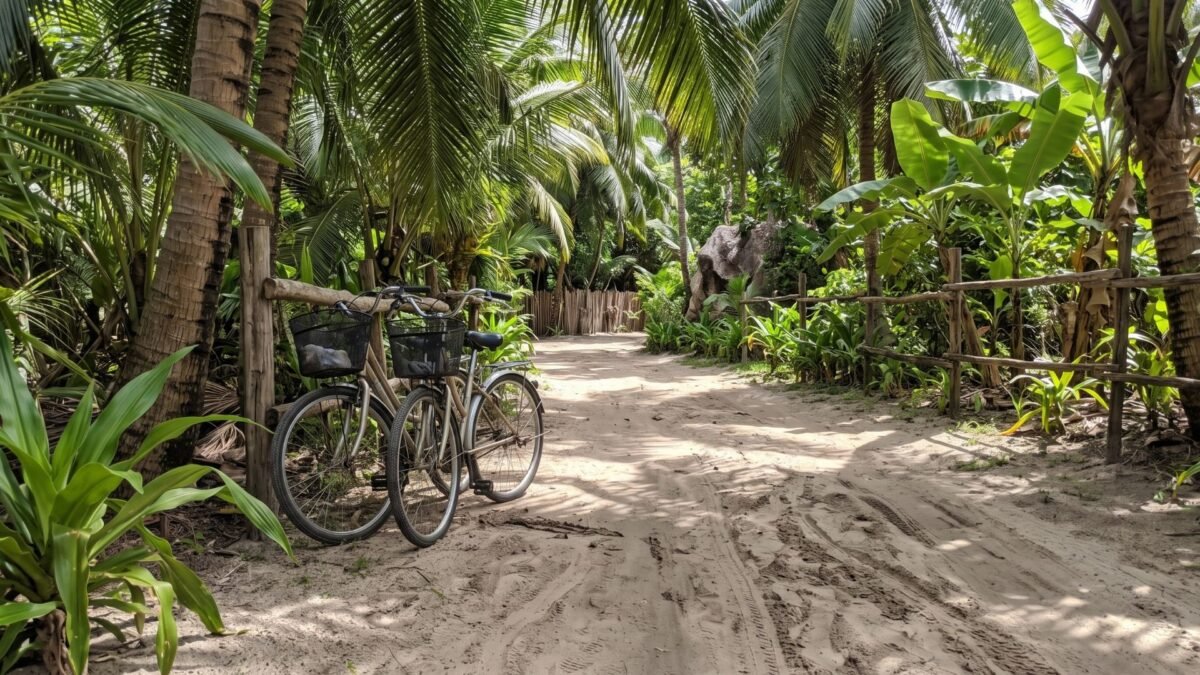 Bicycles on a sandy path on La Digue, the car-free island in this Seychelles travel guide