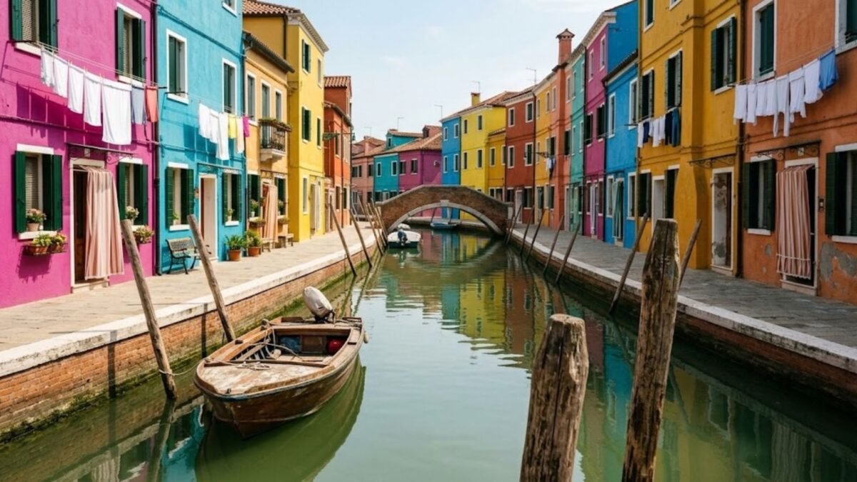 `Vibrant rainbow-colored houses and fishing boats along a quiet canal on Burano island in Venice`