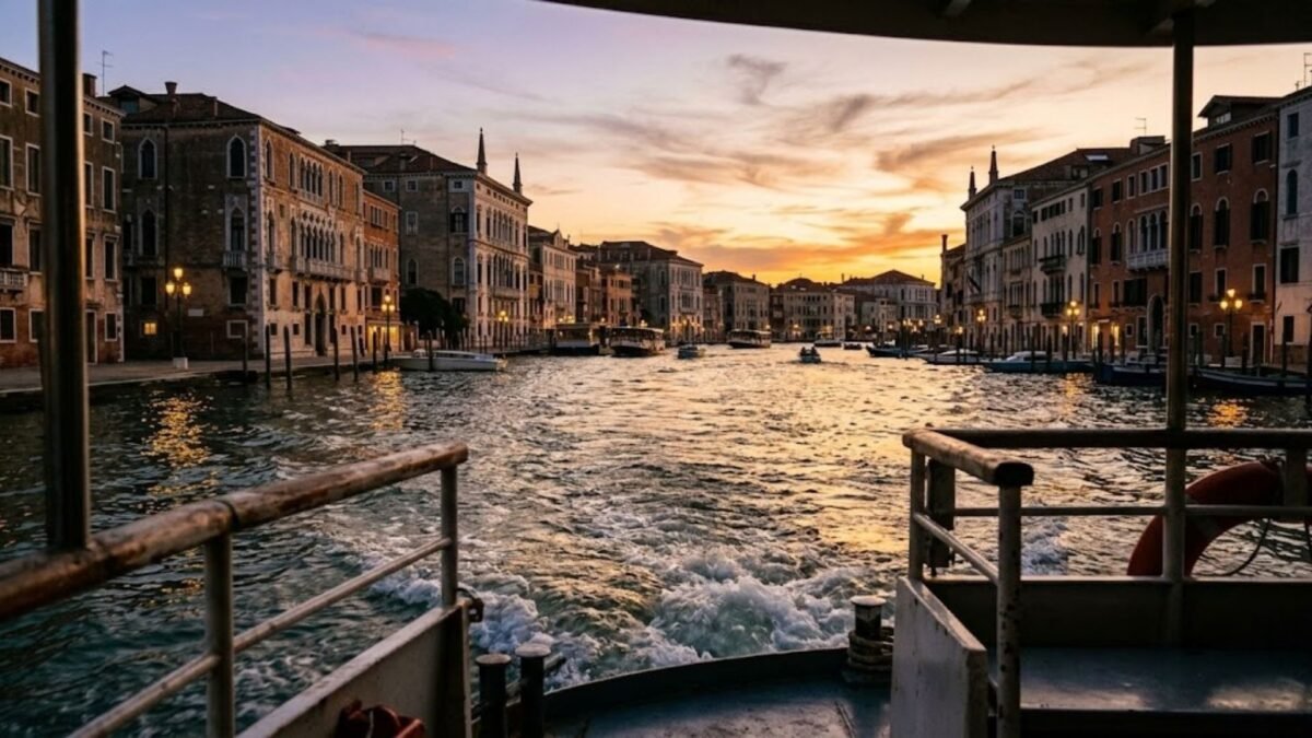 Sunset view of historic Grand Canal palazzi and boat wake from a vaporetto in Venice Italy