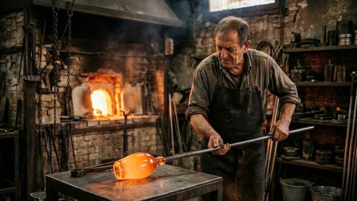 `Master glass artisan shaping molten glass inside a traditional Murano glass factory in Venice`