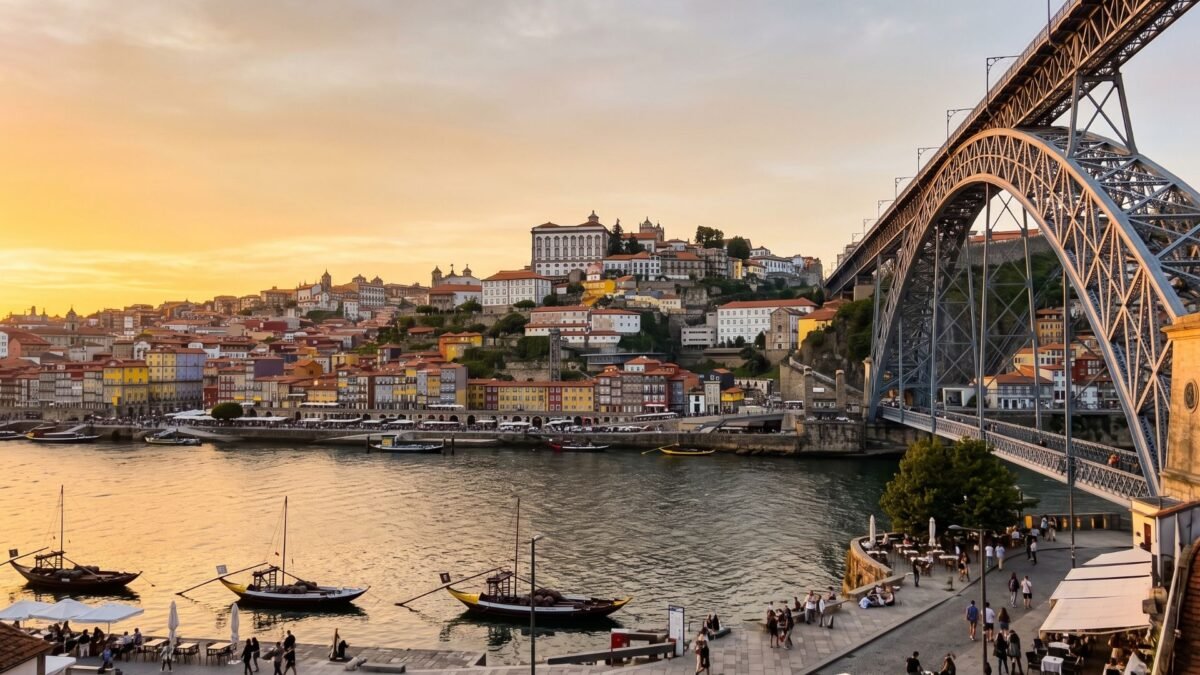 Porto Ribeira district and Dom Luís I bridge at sunset over the Douro River