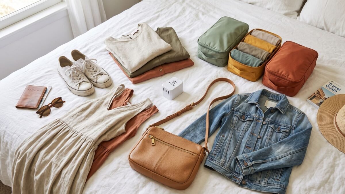 Flat lay of Portugal travel packing essentials including comfortable shoes, linen clothing and a universal adapter