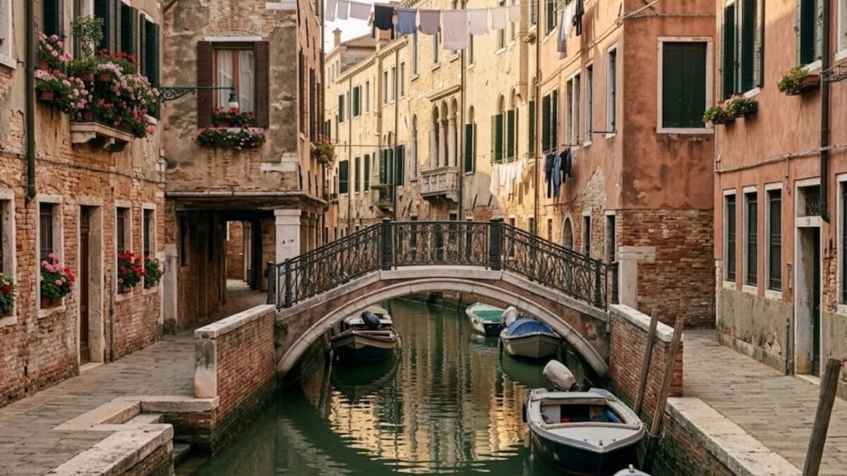 `Quiet residential canal and stone bridge with no crowds in the Cannaregio sestiere of Venice`