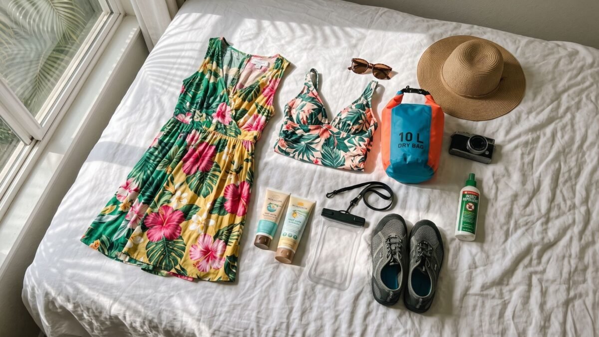 Flat lay of Seychelles travel guide packing essentials including reef-safe sunscreen, dry bag and water shoes