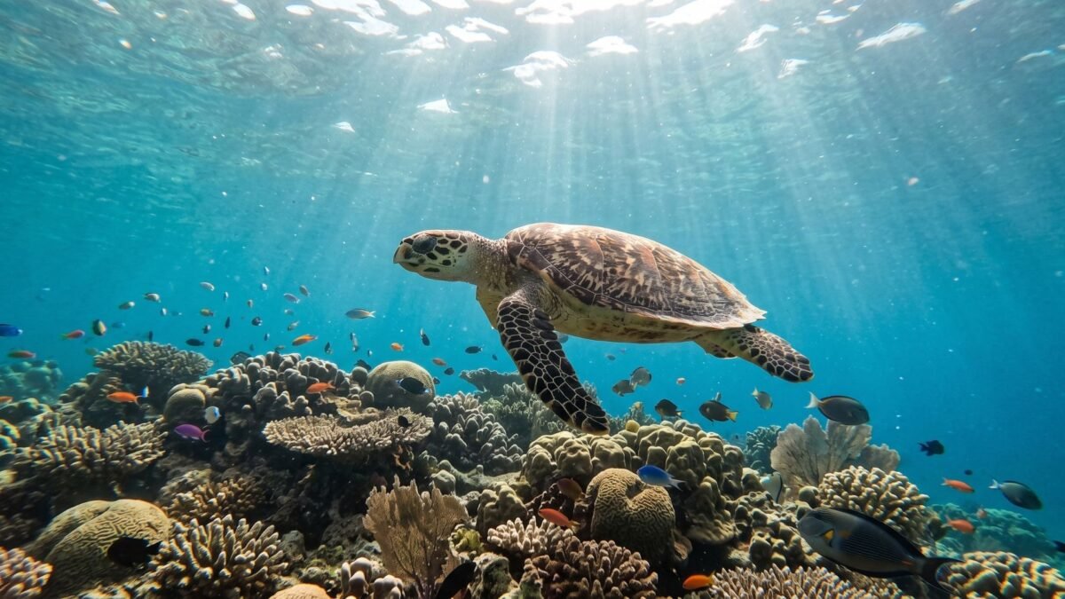Snorkeling with a hawksbill sea turtle in the clear waters of Seychelles