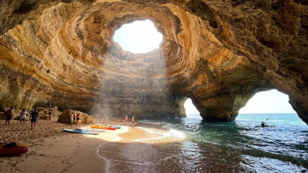 Sunlight pouring through the ceiling of Benagil Cave in the Algarve, Portugal