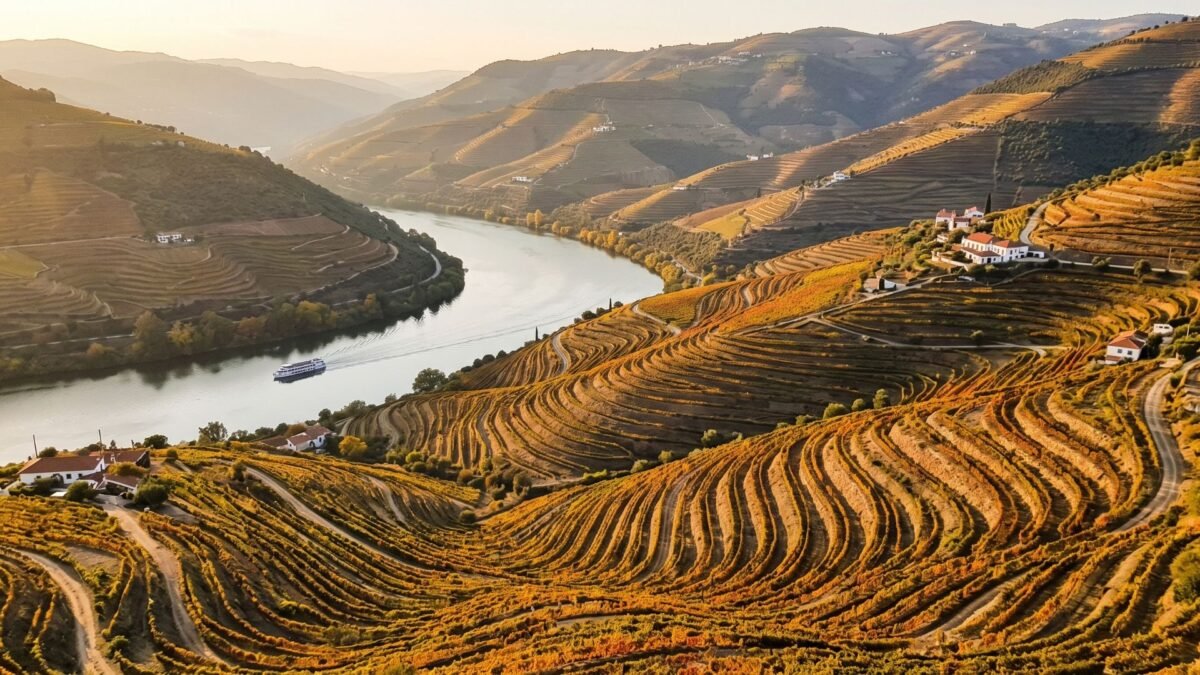 Terraced vineyards of the Douro Valley during a river cruise in Portugal