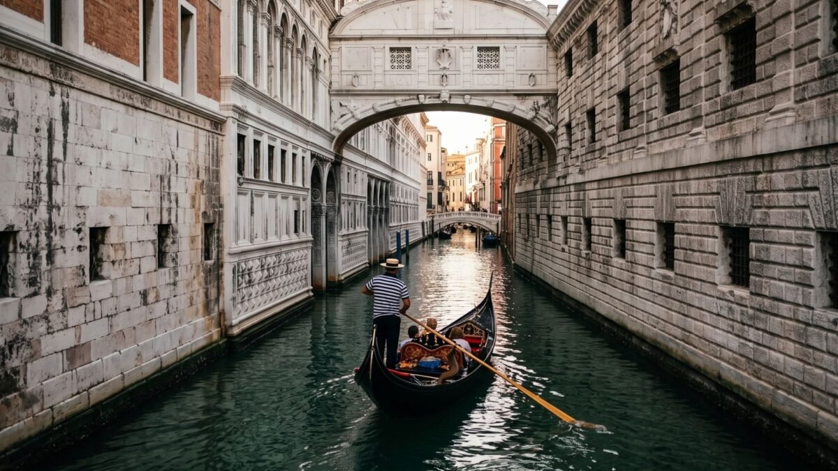 `A traditional gondola gliding under the Bridge of Sighs along a narrow canal in Venice`