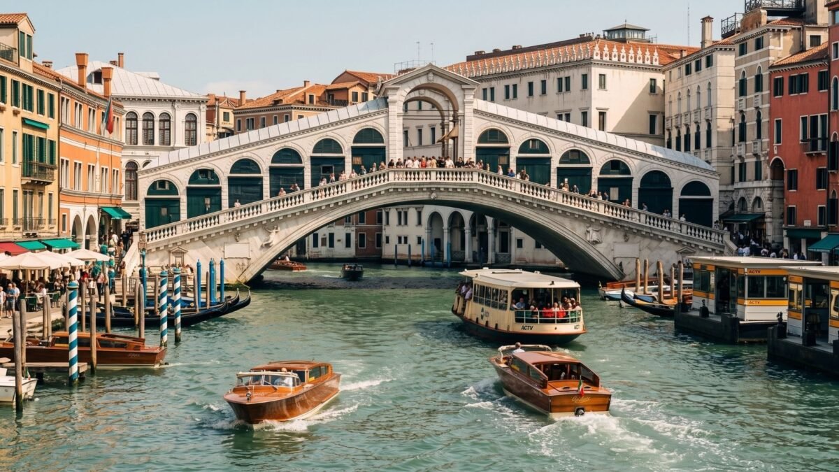 `The historic stone Rialto Bridge arching over boat traffic on the Grand Canal in Venice Italy`