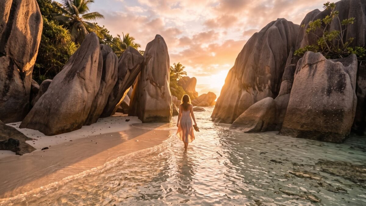 Walking between giant granite boulders at Anse Source d'Argent in La Digue, Seychelles