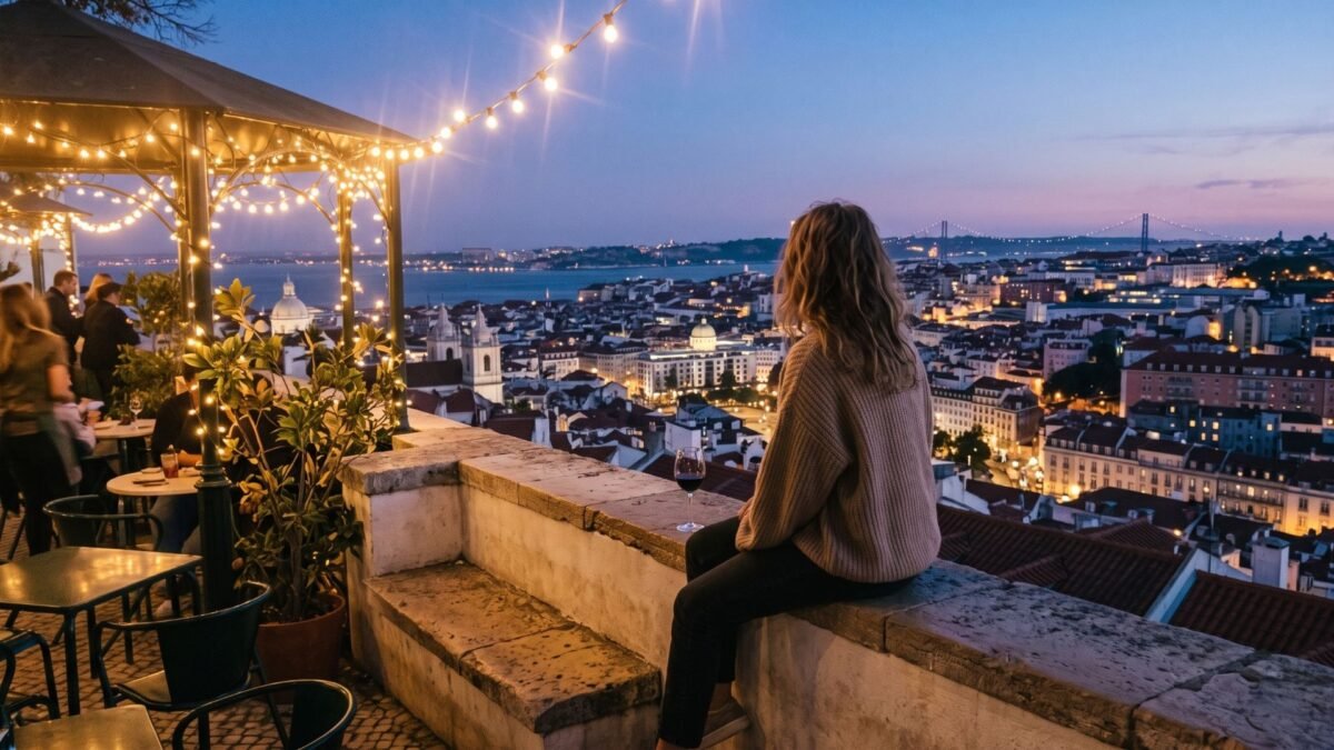 Watching the sunset over Lisbon from a miradouro, the perfect end to a Portugal travel itinerary