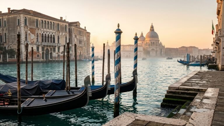 `Venice travel guide hero image featuring traditional gondolas on the Grand Canal at sunrise with Santa Maria della Salute`